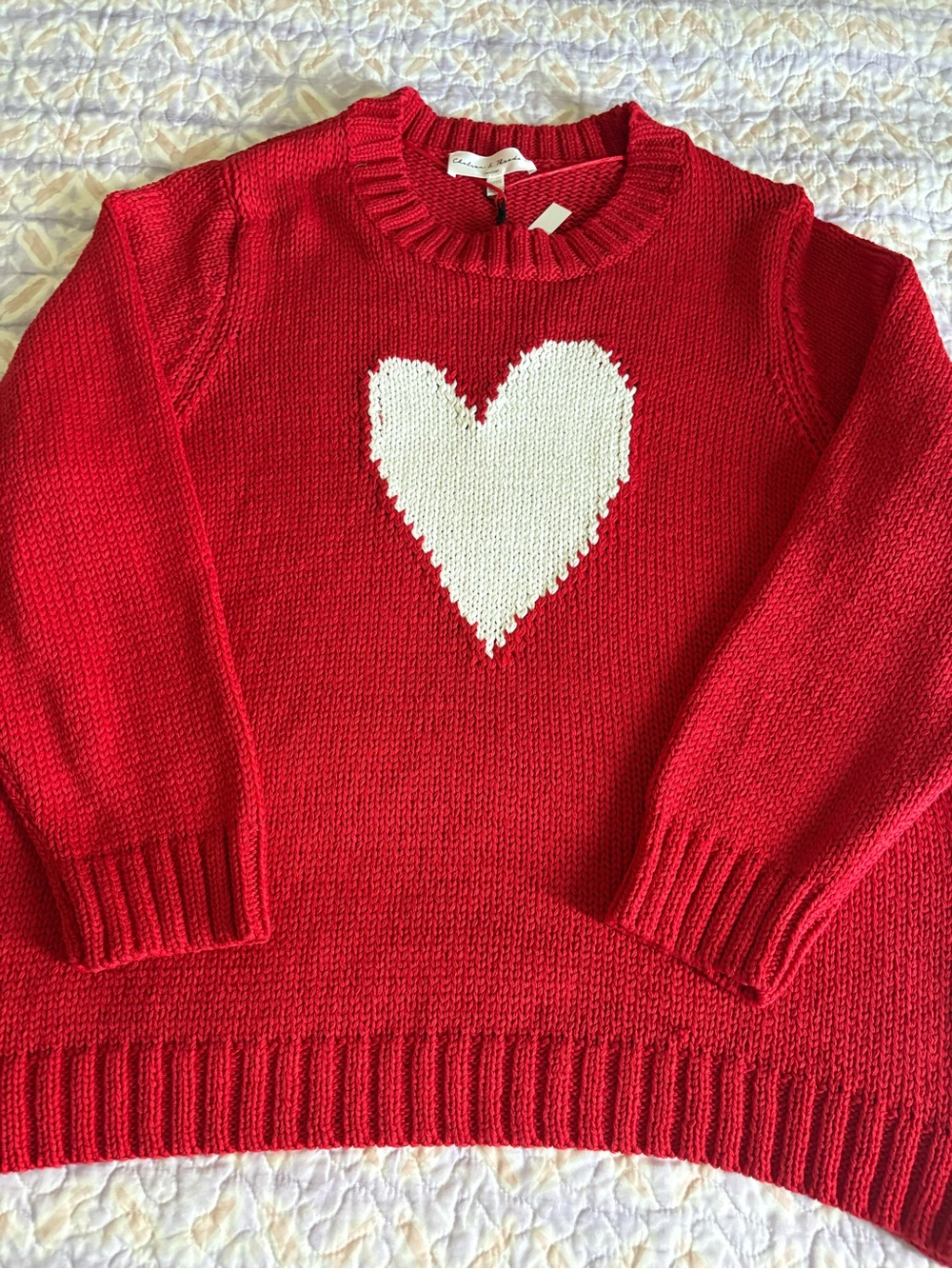 Chelsea & Theodore Red Knit Crewneck Sweater with White Heart